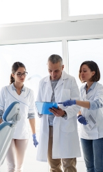 Three dentists reviewing dental patient chart